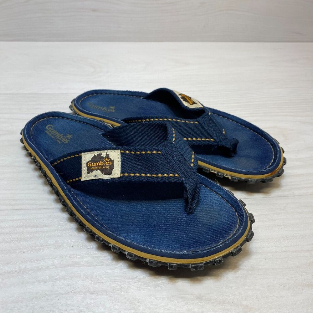 Gumbies Islander Flip Flops Sandals Unisex Size Blue M7/W8 Canvas T Straps‎ Logo
